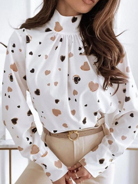 

Valentine's Day Love Pattern High Neck Vintage Color Block Shirts & Tops, White, Shirts & Blouses