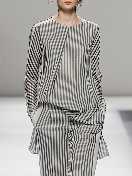 

Striped Crew Neck Long Sleeve Regular Fit Work Top, Black-white, Blouses and Shirts