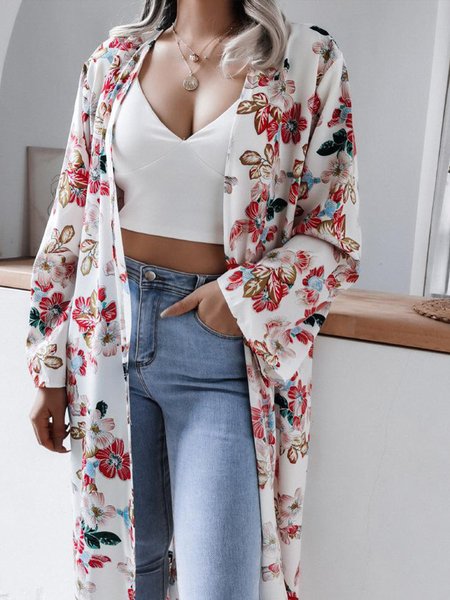 

Solid Vacation Collarless Printed Outerwear, White, Kimonos