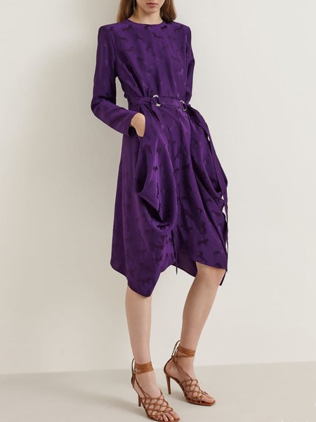 

Long Sleeve Crew Neck Loosen Elegant Midi Dress, Purple, Midi Dresses