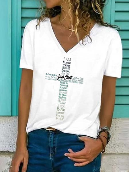 

Casual Letter Print Short Sleeve V-neckT-Shirts, White, Tops