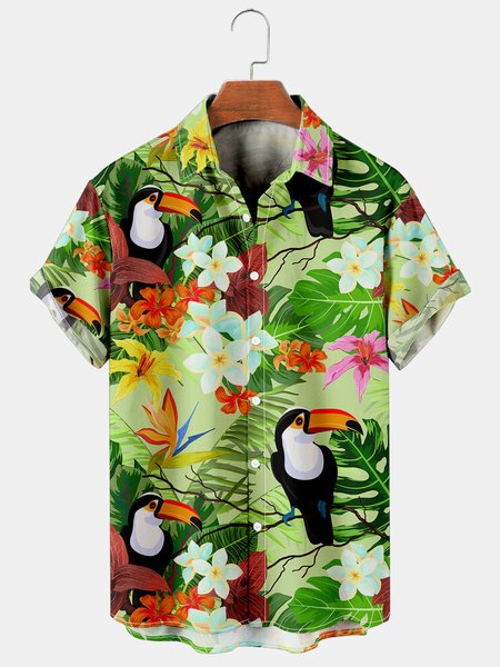 

Men's Plant Flower Bird Casual Breathable Short-sleeved Hawaiian Print Shirt, Green, Men's Floral shirt