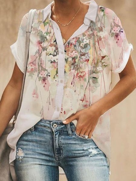 

Floral Print Casual Short-sleeved Buttoned Blouse, Multicolor, Blouses & Shirts