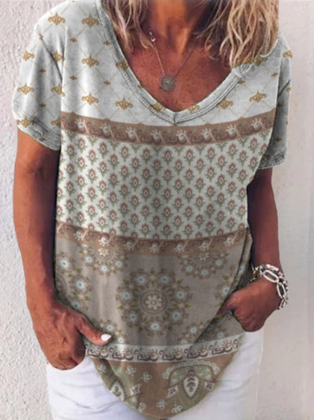 

V Neck Cotton Blends Loosen Shirts & Tops, Multicolor, Tops