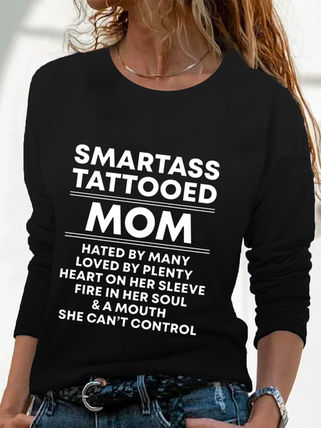 

Smartass Tattooed Mom Funny Crew Neck Casual Shirts & Tops, Black, T-Shirts