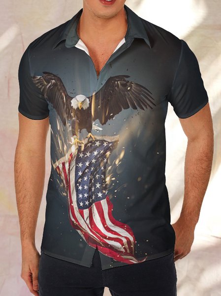 Classic retro American flag print short-sleeved shirt, As picture, T-shirts