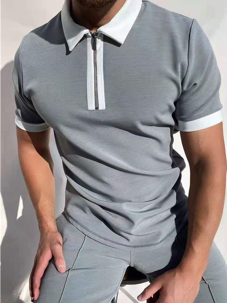 Men's Stitching Solid Color Zip Collar Short Sleeve Casual Polo Shirt, Gray, Men's t-shirts