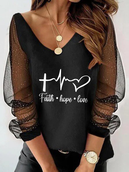 

Letters Printed Casual V Neck Mesh Long Sleeve Tops, Black, Tops