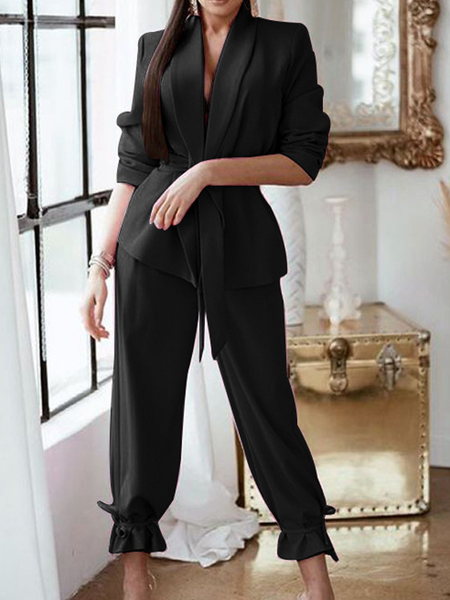 

Pure color casual two-piece suit, Black, Two-piece Outfits