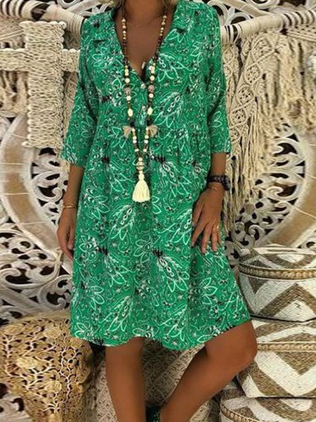 

V Neck Loosen Tribal Printed Weaving Dress, Green, Mini Dresses