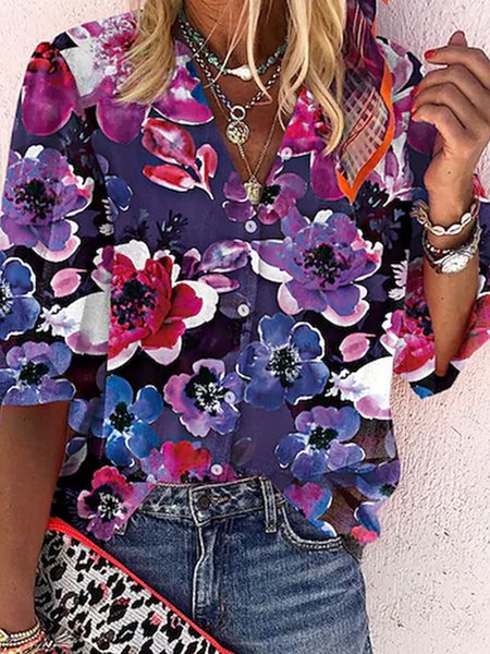 

V Neck Casual Floral Loosen Shirts & Tops, Multicolor, Shirts & Blouses