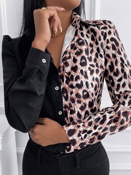 

Casual Shirt Collar Leopard Regular Fit Blouse, Black, Blouses & Shirts