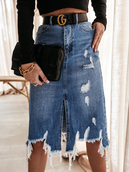

Casual knee-length vintage ripped wash denim A-line skirt, Blue, Skirts