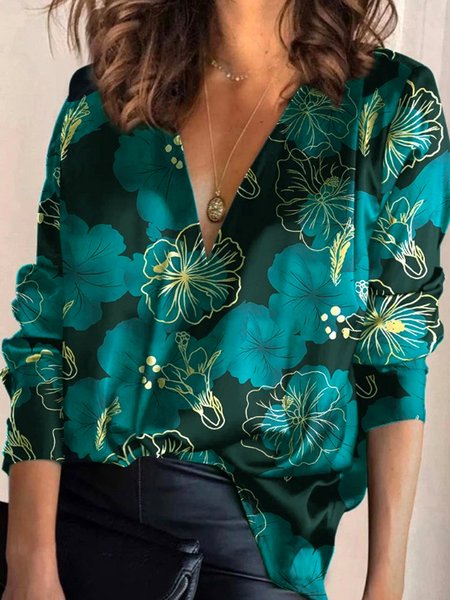 

Loosen V Neck Floral Long Sleeve Shirts & Tops Women, Cyan, Tops