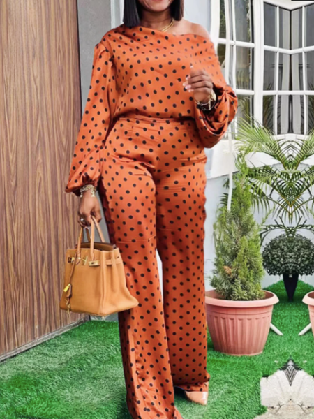 

Spring Polka Dots Regular Fit Long sleeve Asymmetrical Neck Daily Household Suits, Orange, Pants Set