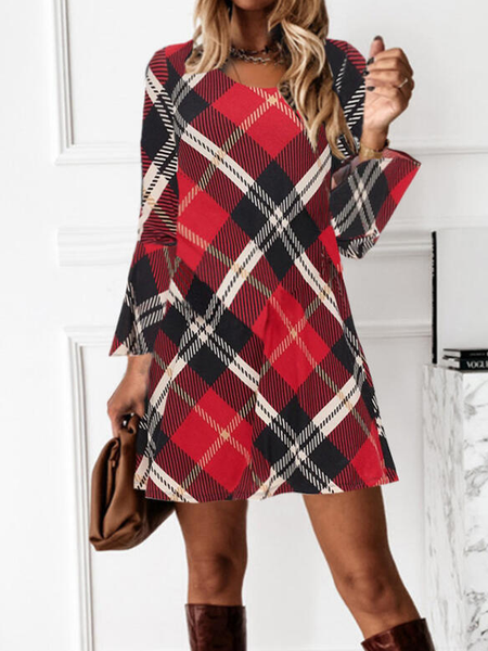 

Striped/Plaid Long Sleeves Flare Sleeve Shift Above Knee Casual Tunic Dresses, Red, Formal Dresses