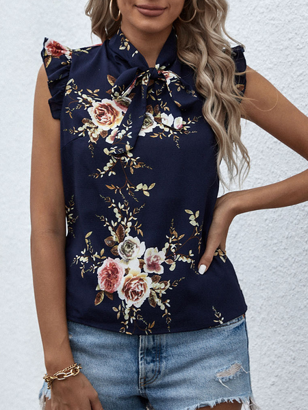 

Tie Neck Floral Shirts & Tops, Navyblue, Tops