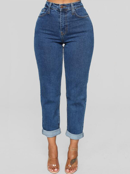 

Washed blue women's high-waisted small feet pencil jeans, Dark_blue, Jeans