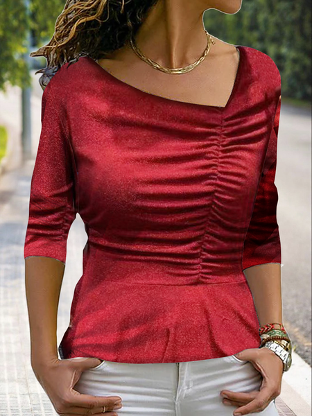 

Long sleeve asymmetric collar plain no pattern basic simple versatile top T-shirt Plus Size, Red, Tops