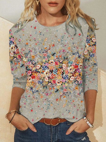 

Casual Long Sleeve Round Neck Plus Size Printed Tops T-shirts, Multicolor, T-Shirts
