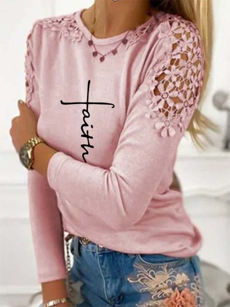 

Long Sleeve Lace Letter Crew Neck Casual Shirts & Tops Graphic T-shirts For Women, Pink, T-Shirts