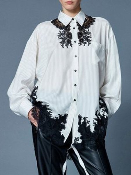

Elegant Lace Striped Shirt Collar Top, White, Blouses and Shirts