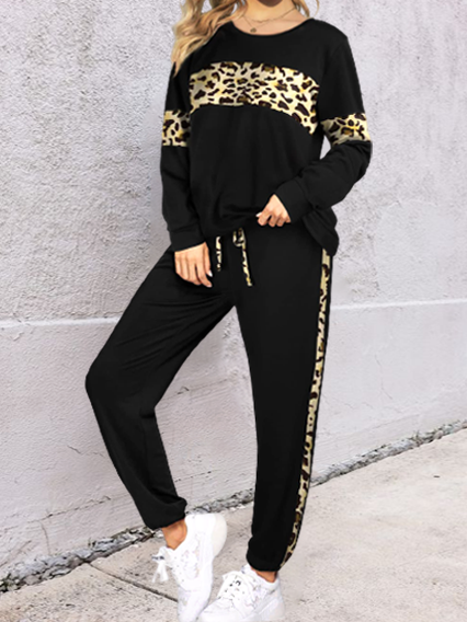 

Leopard print stitching fashion sports sweatshirt two-piece suit Crew Neck Sporty Suits, Black, Jumpsuits＆Rompers