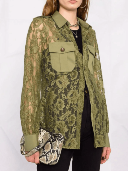 

Spring Long sleeve Lace Daily Lightweight Shirt Collar Cardigan, Green, Blouses and Shirts