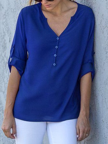 

Casual Solid V neck Loosen Long sleeve Shirts & Tops, Blue, Tops