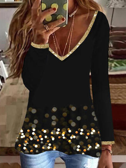 

V Neck Polka Dots Casual Shirts & Tops, Black, Tops