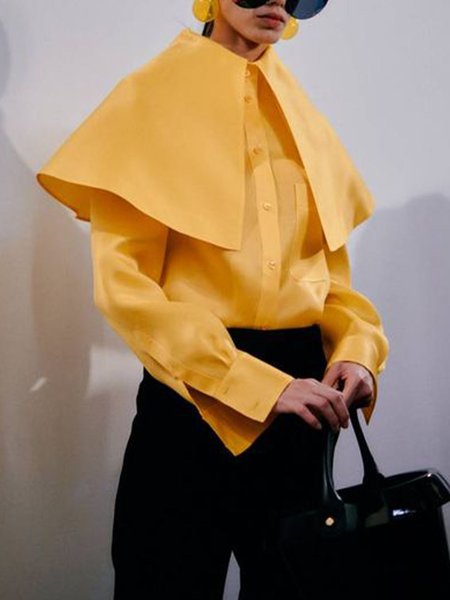 

Plain Statement Shirt Collar Long Sleeve Top, Yellow, Blouses and Shirts