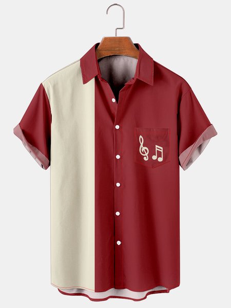 

Vacation Leisure Music Element Musical Note Pattern Hawaiian Style Printed Shirt Top, Red, Men's Floral shirt