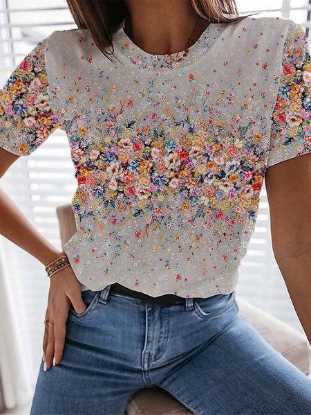 

Vacation Floral Crew Neck Shirts & Tops, Multicolor, T-Shirts