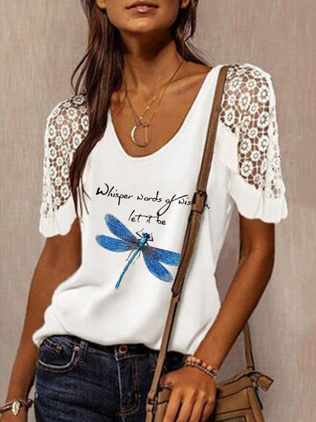 

Dragonfly Letters Printed Lace Casual Short Sleeve Shirts & Tops, White, Tops