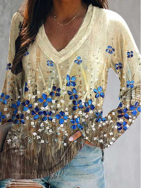 

Cotton Blends Loosen Floral Shirts & Tops, Yellow, Tops