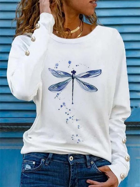 

Long Sleeve Dragonfly Casual Crew Neck T-shirt, White, T-Shirts