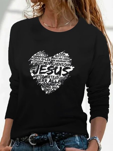 

Jesus Love Letter Loosen Casual Shirts & Tops, Black, Long sleeve tops