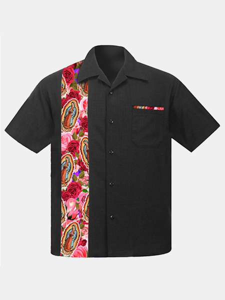 

Vacation Leisure Floral and Character Pattern Hawaiian Style Printed Shirt Top, Black, Shirts ＆ Blouse