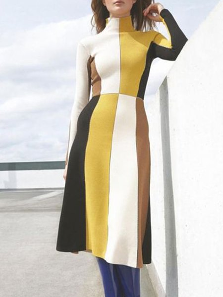 

High Neck Color Block Elegant Dress, Multicolor, Midi Dresses