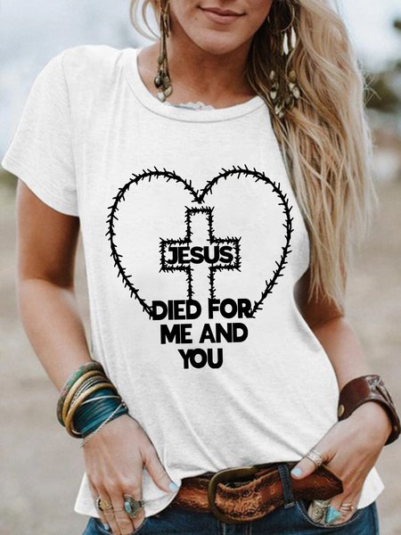 

Short sleeve crew neck plain fabric letter print loose top Plus Size, White, Tops