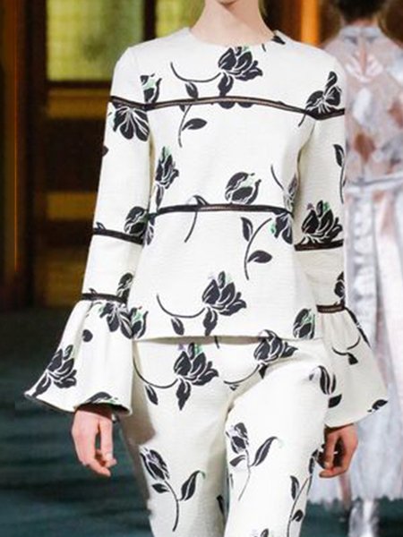 

Elegant Romantic Regular Fit Crew Neck Floral Top, White, Blouses and Shirts