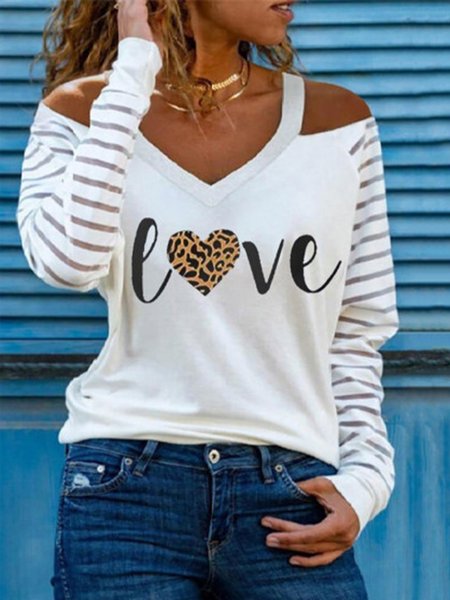 

Valentine's Day Love Printed Off The Shoulder Casual Shirts & Tops, White, Tops