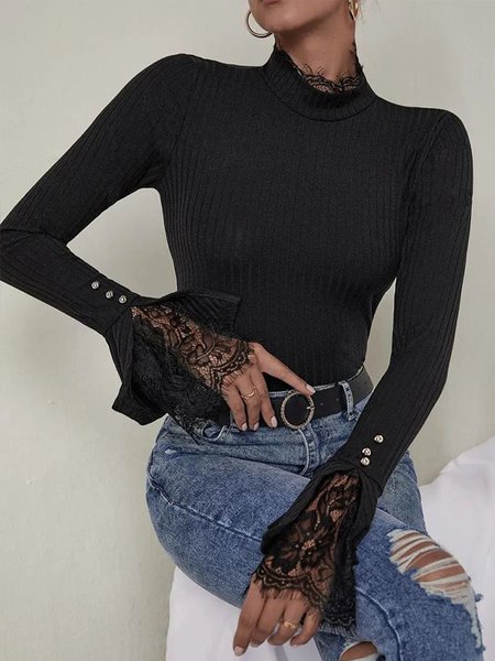 

Lady Long Sleeve Skinny Solid Top, Black, Tops