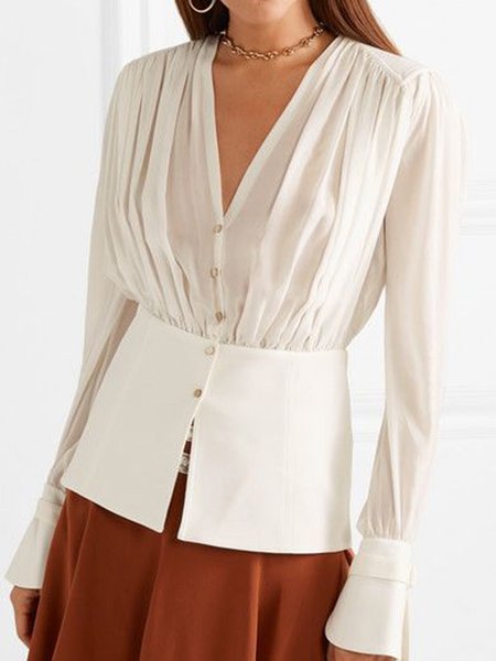 

Elegant Regular Fit V Neck Shirt, White, Blouses and Shirts