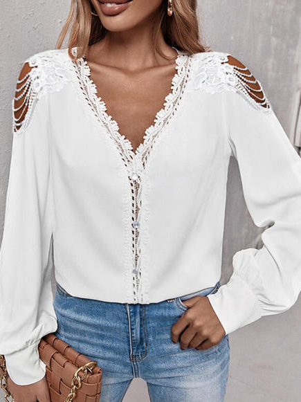 

V neck Lace Loosen Plain Shirts & Tops, White, Blouses & Shirts