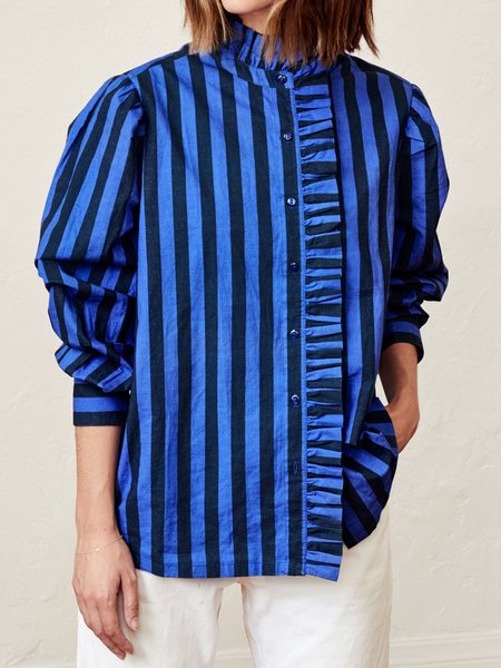 

Regular Fit Stand Collar Elegant Striped Shirt, Blue, Blouses and Shirts