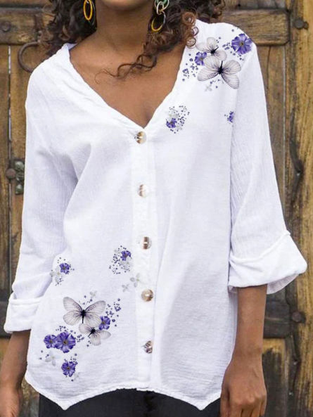 

V Neck Cotton Blends Floral Tops, White, Shirts & Blouses