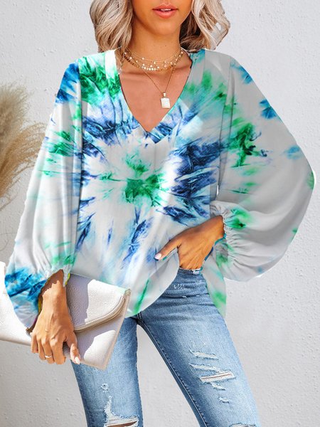 

European and American spring new loose V-neck long-sleeved gradual small fresh print top chiffon long-sleeved shirt, Blue, Shirts & Blouses