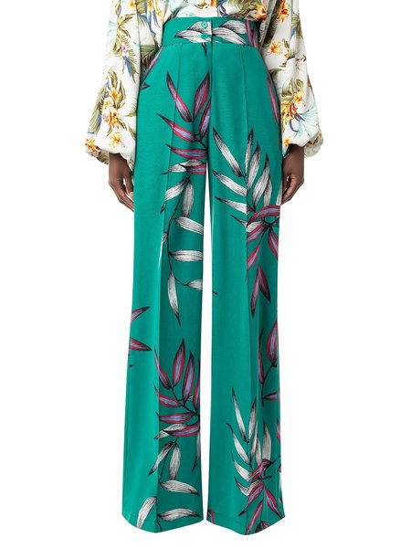 

Elegant Regular Fit Leaves Long Pants, Green, Straight Leg Pants