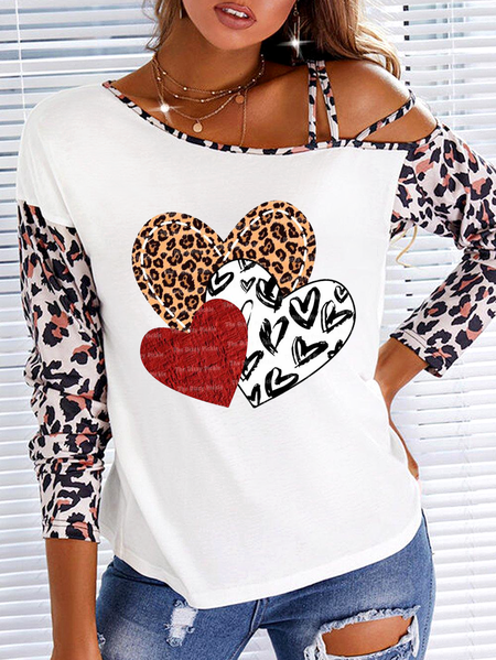 

Leopard print stitching love Valentine's day unilateral strapless asymmetric neckline casual T-shirt Casual Loosen Off The Shoulder Shirts & Tops, White, Tops